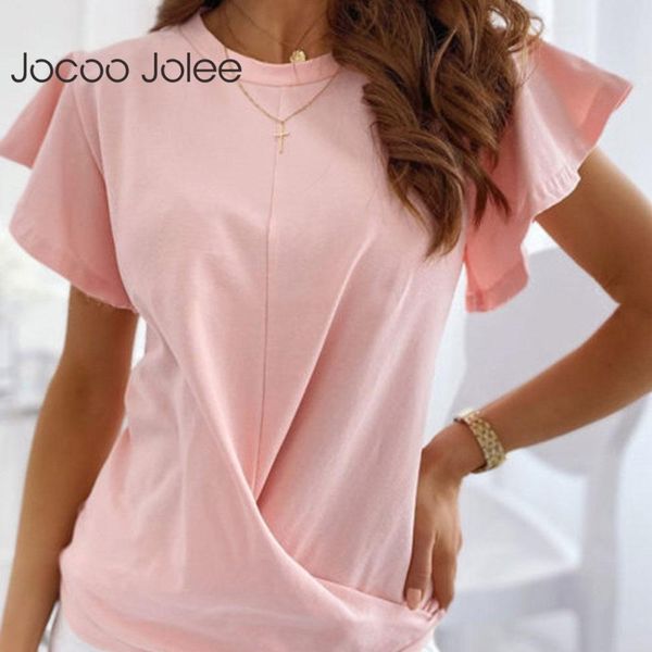 

women summer pleated casual elegant solid o neck flare short sleeve basic t-shirt loose office lady 210428, White