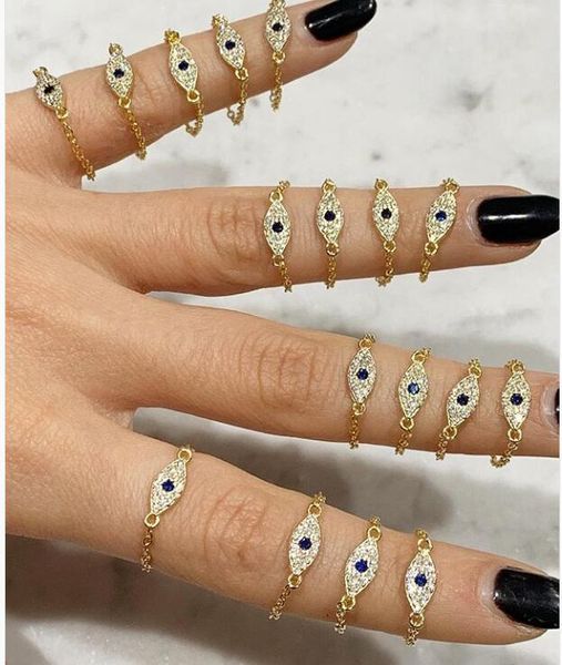 

chain ring with cz evil eye charm size 6 7 8 simple finger rings, Golden;silver