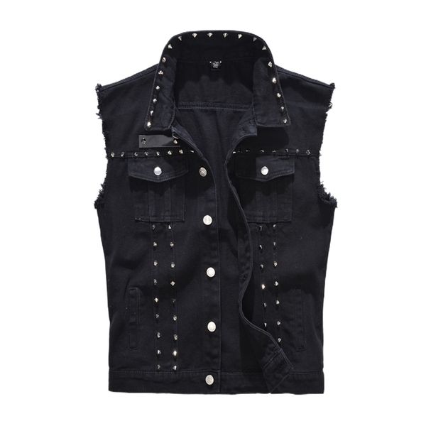 Denim Yelek Erkekler Punk Rock Rivet Kovboy Siyah Kot Yelek Moda Motosiklet Tarzı Kolsuz Ceket M-5XL 210923