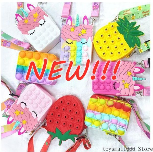 

dhl ship party favor toys sensory bubble shoulder bag cellphone straps finger push phone pouch case coin purse decompression unicorn for gir