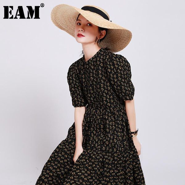 

[eam] women pattern printed long elegant dress round neck short puff sleeve loose fit fashion tide spring summer 2021 1u785 casual dresses, Black;gray