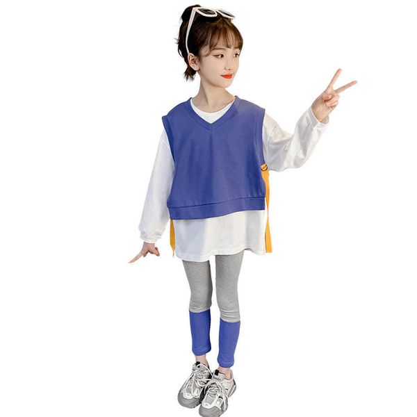 

kids clothes patchwork sweatshirt + leggings for girls casual spring autumn children's 210528, White