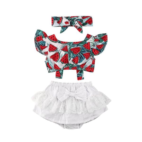 

clothing sets 2021 summer girl set born baby clothes watermelon shorts dress outfit with bow 0-24 months, White