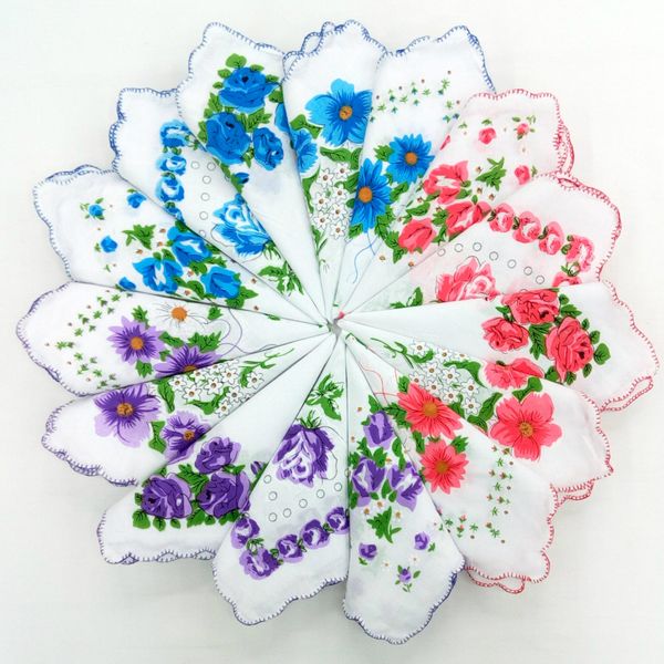 Impressão de hankerchief scallop cortador de algodão senhoras artesanato artesanato vintage hanky floral casamento lenços 30 * 30cm aleatório colorwmq1022