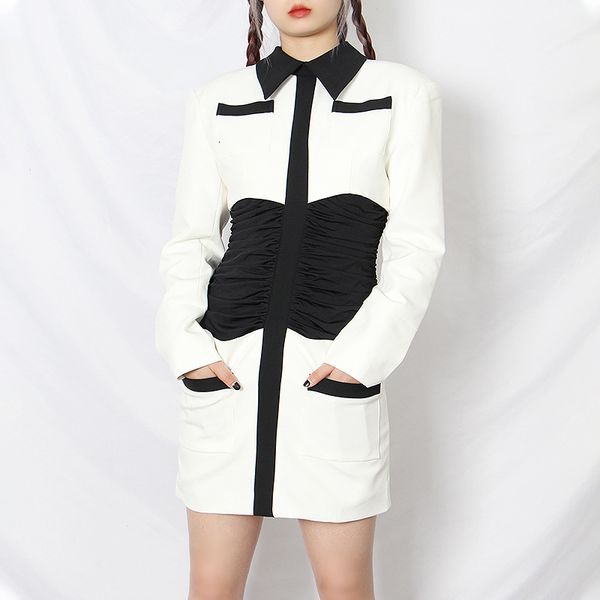 

casual dresses runway women party clothes autumn lapel gothic black white fashion chic long sleeve slim dress lady classic 8jrl, Black;gray