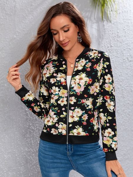 

emery rose floral print zip up bomber jacket k1az#, Black;brown