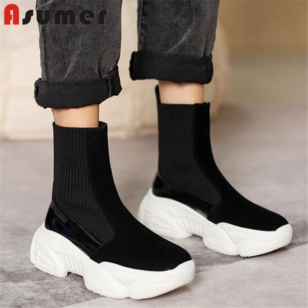 

boots asumer sneakers 2021 est knitting ankle women round toe suede leather autumn winter flat casual shoes ladies, Black