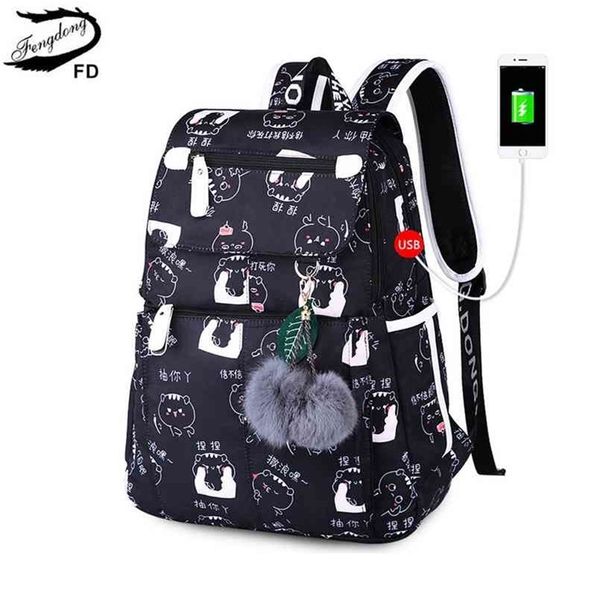 Fengdong weibliche Mode Schulrucksack USB-Taschen für Mädchen schwarz Plüsch Ball Mädchen Tasche Schmetterling Dekoration 210809