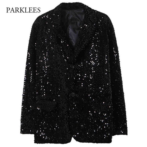 

black sequin shinny shirt jacket men casual oversized mens blazer stage party nightclub costume chemise homme disco camisas 210524, White;black