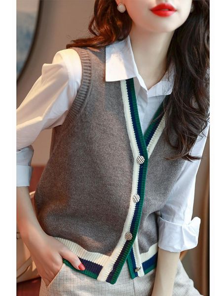 

women's knits & tees zehangsea spring and autumn cardigan vest 100% wool knitted v-neck stitching temperament 2021, White
