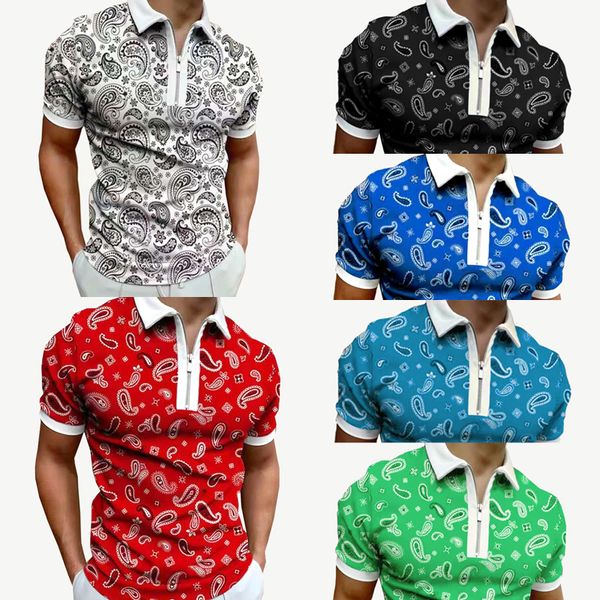 Moda Verão Mens Polos T Shirt Homem Casual Zíper Gola Branca Tees Impressão Colorida Mangas Curtas Top Sell Roupas Masculinas de Luxo M-3XL