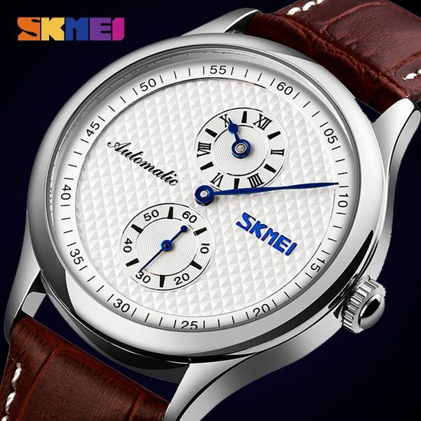 

2021 skmei automatic watches men's creative hollow dial gentlemen's mechanical men's watch reloj hombre, Slivery;brown