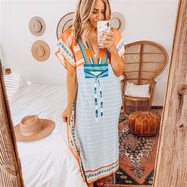 

bohemian colorful deep v neck batwing sleeve side split beach dress japanese style print summer party plus size n614 casual dresses, Black;gray