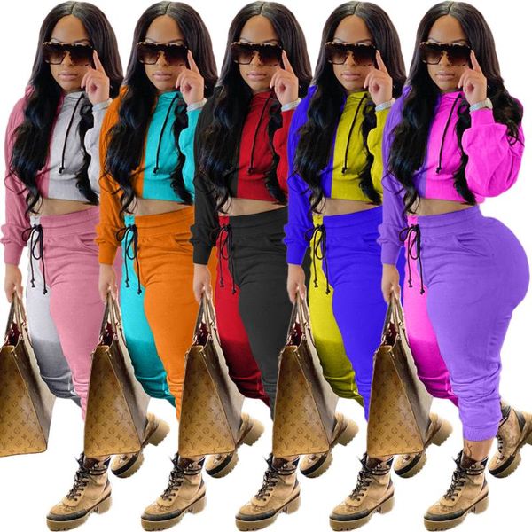 

women's two piece pants 2 pieces sets casual tracksuits outfits suit color patchwork winter autumn club hooded, White