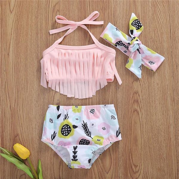 

toddler baby girl 3pcs bikini swimwear headband tassel pink plant pattern triangle shorts swimsuit swimming bathing suit one-pieces, Black