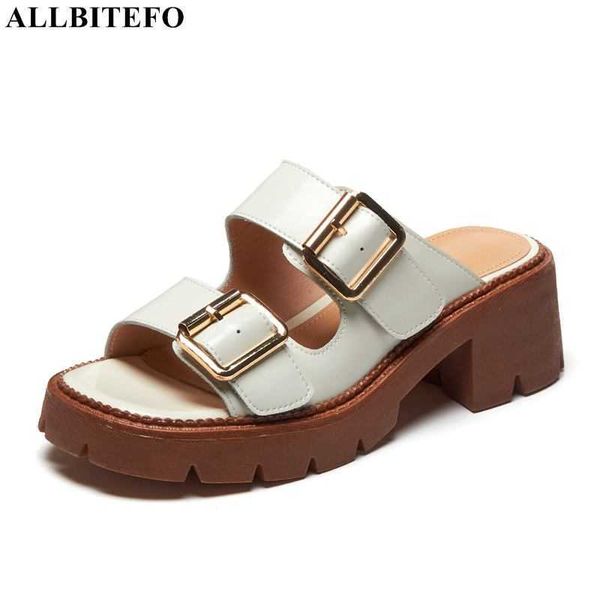 

allbitefo size 34-42 fashion casual genuine leather buckle thick heels platform women slippers high heels shoes women sandals 210611, Black