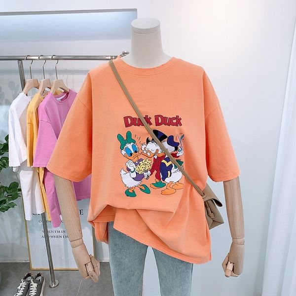 

quality short sleeve t-shirt female 2021 new korean student loose large print cartoon duck top, White;black