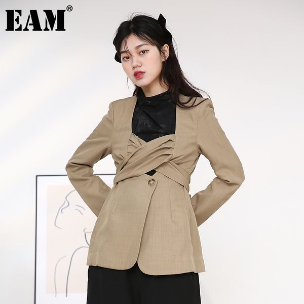 

[eam] women khaki bow cross bandage blazer v-neck long sleeve loose fit jacket fashion spring autumn 1dd360704 210512, White;black
