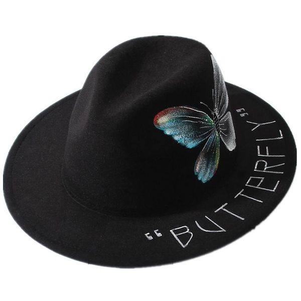 

wide brim hats black fedoras hand drawn heart butterfly pattern felt hat casual porkpie jazz women men party sombrero, Blue;gray