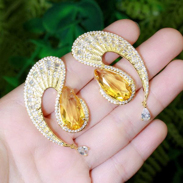 

festive symmetrical water drop yellow cubic zirconia z long silver dangle earrings fine jewelry for women cz850 210714