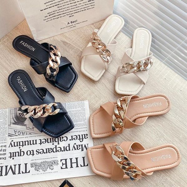 

slippers 2021 women summer fashion decoration chain design cross upper open toe flat sandals solid color outdoor shoes, Black