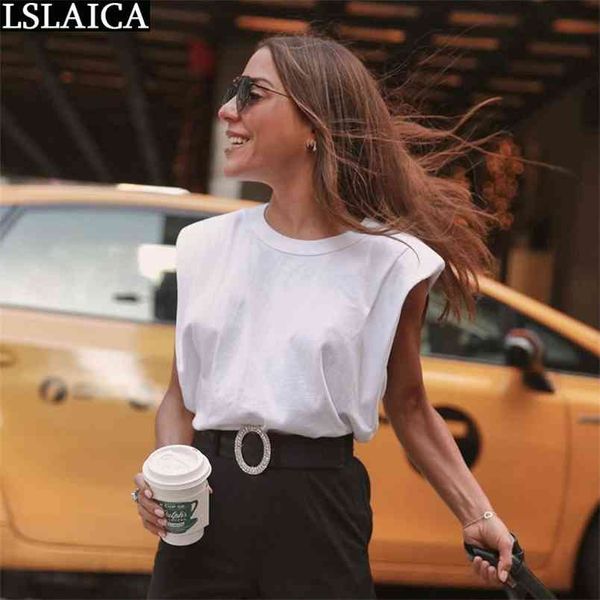 

solid color women shirts round neck fashion streetwear elegant office wild shoulder pad comfortable t shirt 210515, White