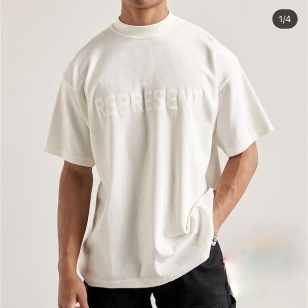 

men's t-shirts white color logo represent t-shirt men women 1:1 text graghic print tee hem metal mark clothing, White;black