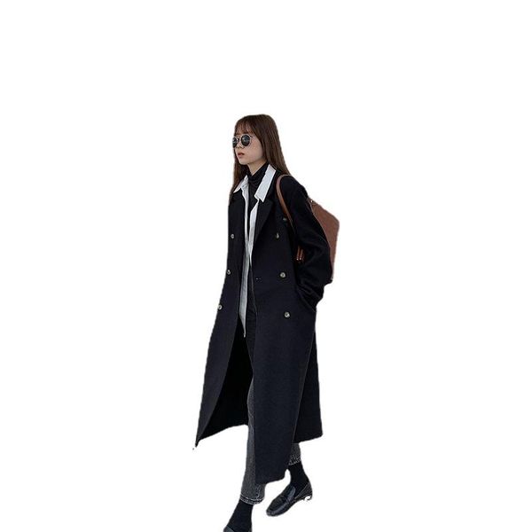 

women's wool & blends winter coat temperament korean style mid-length suit collar woolen, Black
