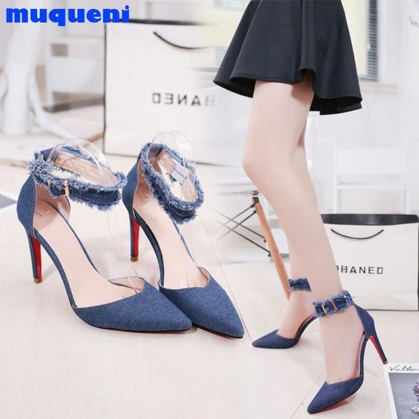 

elegant girl denim burr single shoes women sandals high heels summer feminine pointy pumps dress, Black