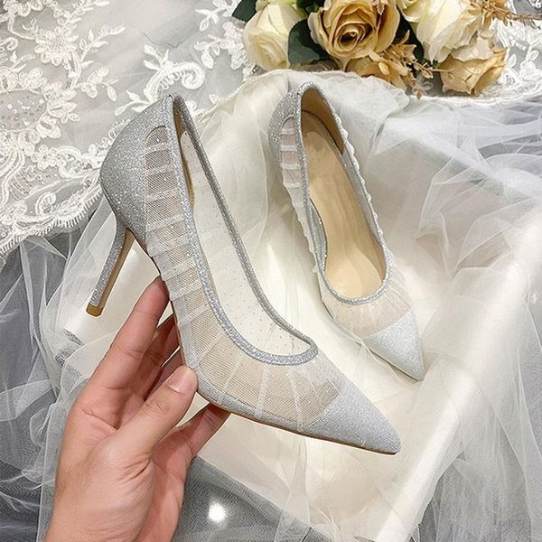 

dress shoes 2021 high heels zapatos de mujer wedding woman breathable mesh women pumps chaussures femme pointed toe ladies party, Black