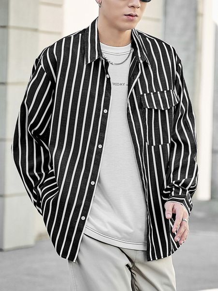 

men vertical striped flap pocket drop shoulder shirt f1lx#, White;black