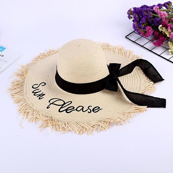 

wide brim hats aaby 2021 fashion causal straw raffia sun hat for women large letters embroidery ribbon bows ladies, Blue;gray
