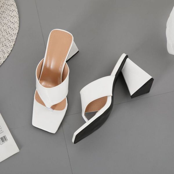 

spring and summer style square head triangle heel high slippers, Black
