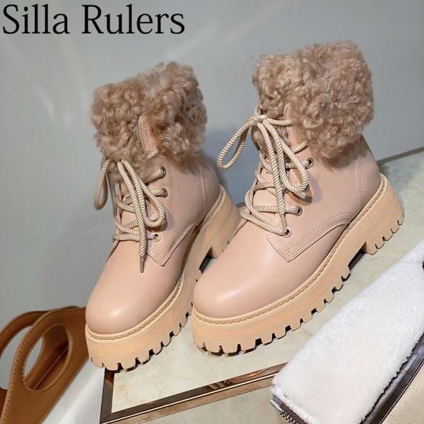 

boots silla rulers winter fur snow woman thick sole wool ankle women lace up platform ladies warm shoes mujer, Black