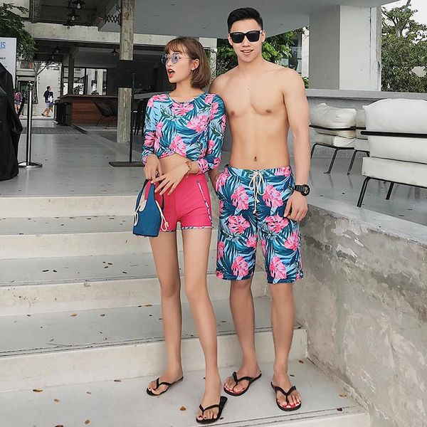

sell striped print couples swimwear men's beach shorts and bikini one-piece suits