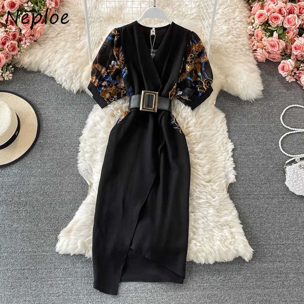 

neploe work style ol temperament dress women high waist hip sashes a line vestidos summer 2021 new short sleeve robe black c0607, Black;gray
