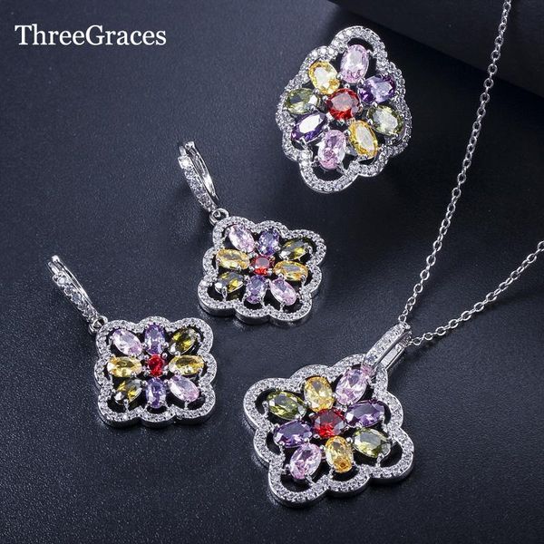 

earrings & necklace threegraces cz classic square party colorful pendant earring ring temperament jewelry sets for women js022, Silver