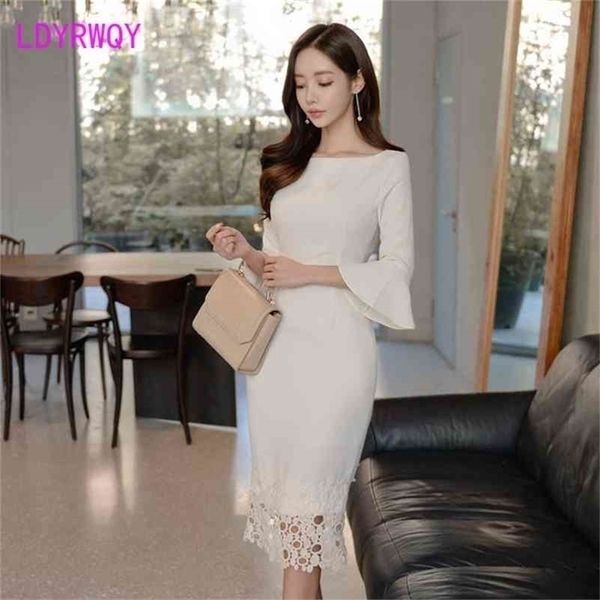 

ldyrwqy summer style korean temperament round neck flared sleeve lace fashion slim dress office lady 210416, Black;gray