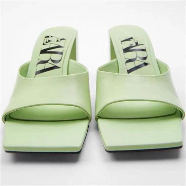 

slippers zar women's shoes 2021 summer light green square head high heel thick simple leather open toe, Black