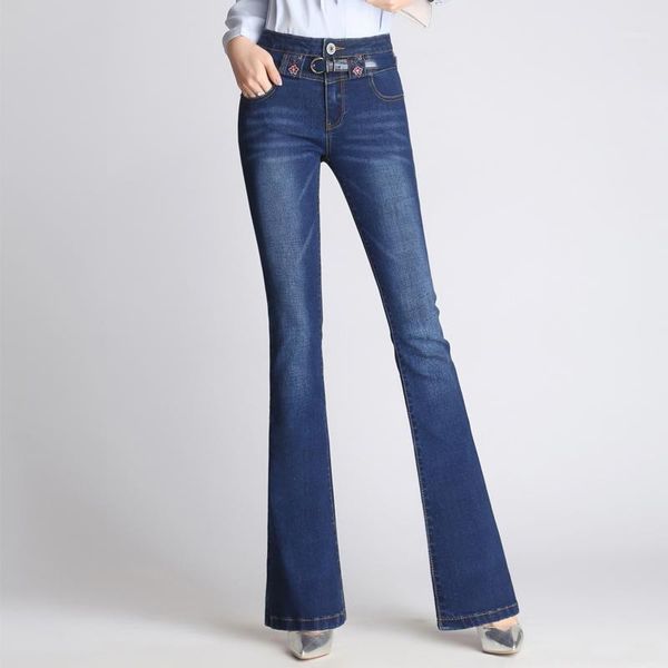 

high-quality fashion women flare jeans stretch high waist lifting buttocks wide leg palazzo denim pants spring autumn women's, Blue