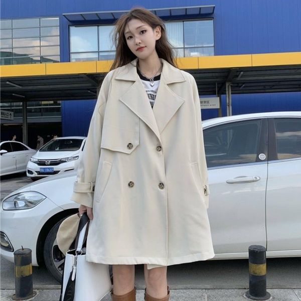 

women's trench coats windbreaker coat autumn 2021 korean small man medium long loose sleeve temperament versatile, Tan;black