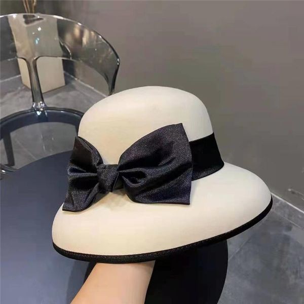 

wide brim hats 202108-wei autumn winter wool bowknot hepburn style elegance formal lady bucket cap women leisure hat, Blue;gray