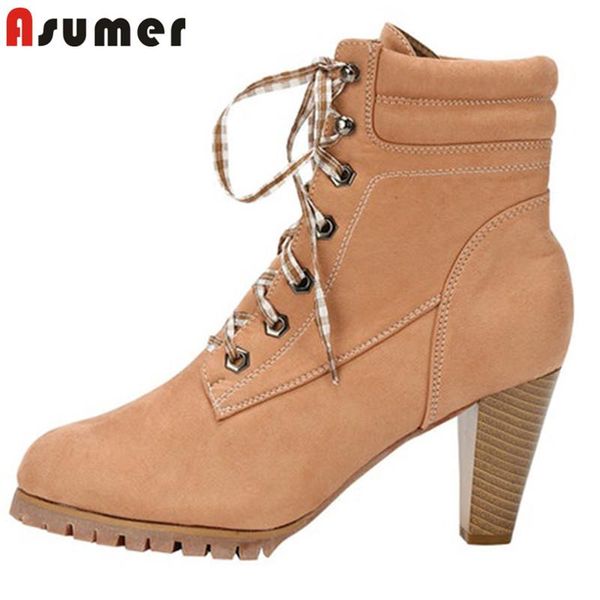 

boots asumer 2021 arrive ankle women round toe lace up high heels classic dress shoes ladies office woman short, Black