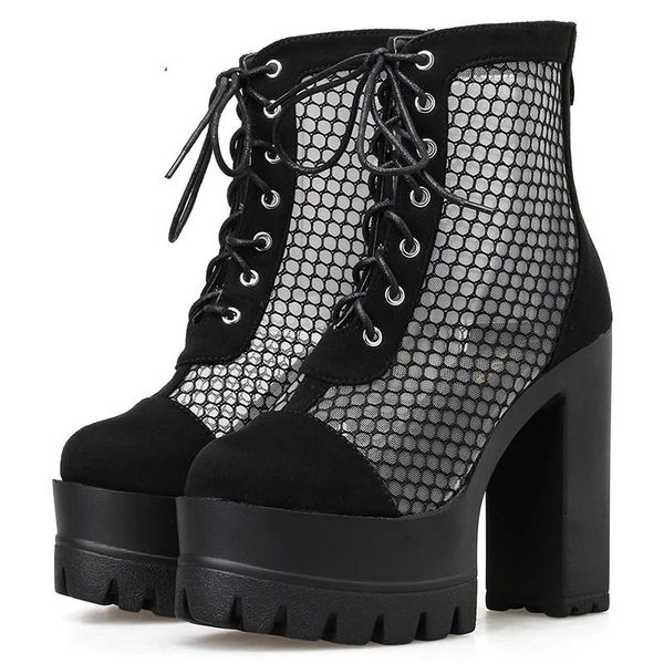 

boots ins motorcycle women fashion genuine leather ankle for chunky platform party shoes woman, Black