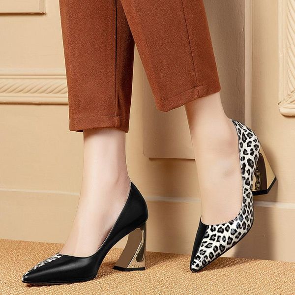 

dress shoes doratasia 2021 dropship big size 42 leopard pointed toe hoof high heels genuine leather brand pumps woman women, Black