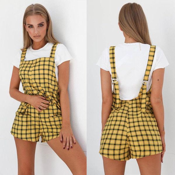 

women's jumpsuits & rompers womens casual loose playsuit summer backless jumpsuit plaid yellow strap harem sunsuit shorts, Black;white