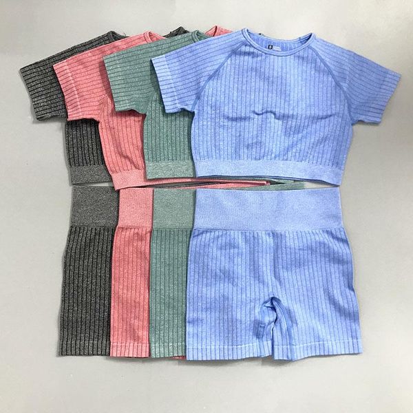 

yoga outfit sports knitted fitness women's tracksuit gym clothing short sleeve crop high waist seamless leggings set sportswear