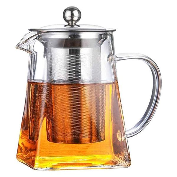 

glass teapot clear high borosilicate square heat resistant tea pot with removable 304 stainless steel infuser and lid stovesafe