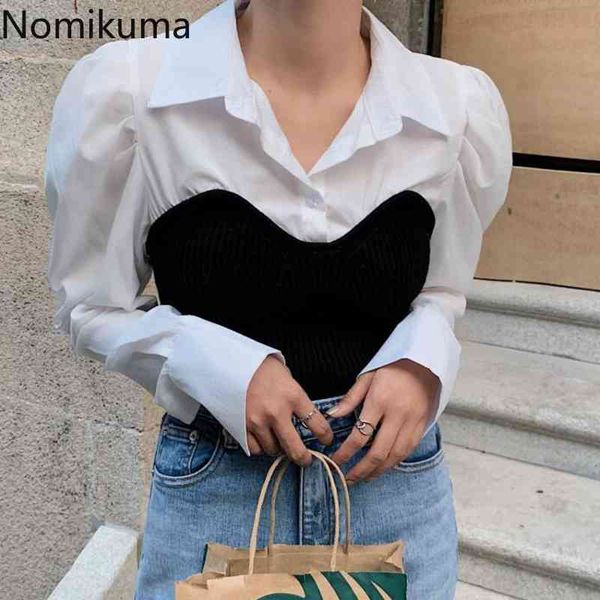 

nomikuma knitted patchwork fake two pieces women blouse puff long sleeve turn-down collar shirt autumn new blusas 6d151 210427, White
