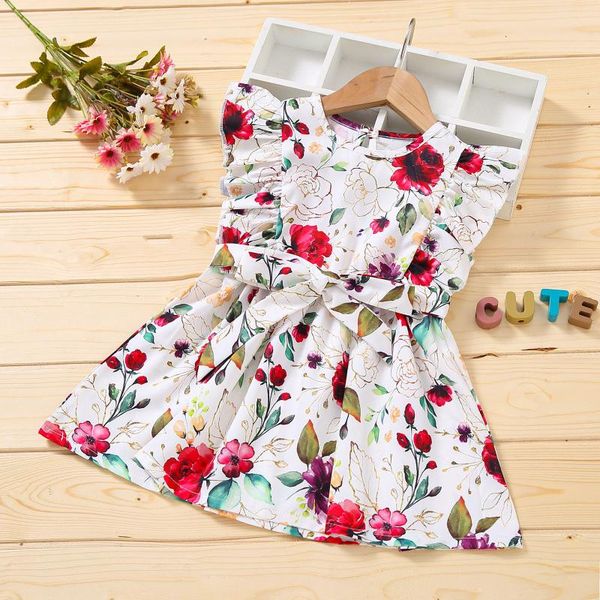 

girl's dresses toddler baby girls ruffles sleeveless floral printed dress party kids clothing summer princess children clothes, Red;yellow